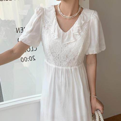 夏季新款领口带荷叶边连衣裙，女装连衣裙，墨初