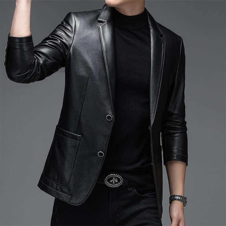 WL-S2111男式2023秋季新款翻领西装头层牛皮皮衣男西服P600图片
