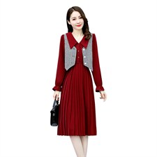 现货52023春季新款气质时尚百褶马夹两件套连衣裙，女装连衣裙，蓝诺裳