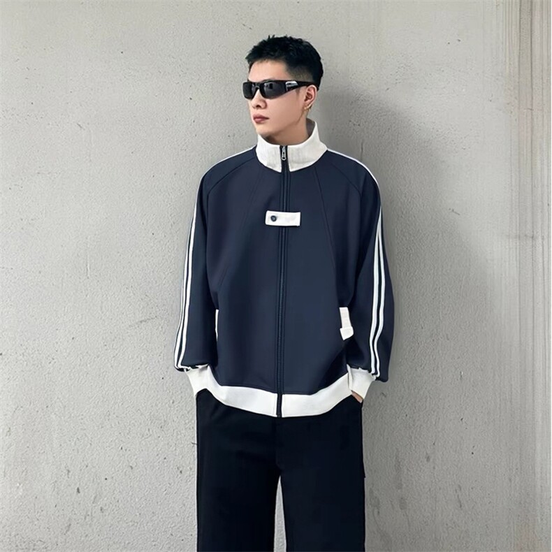 抖音得物品质秋冬美式高街重磅结构拼接织带翻领卫衣夹克外套W113,男装夹克,电商A486