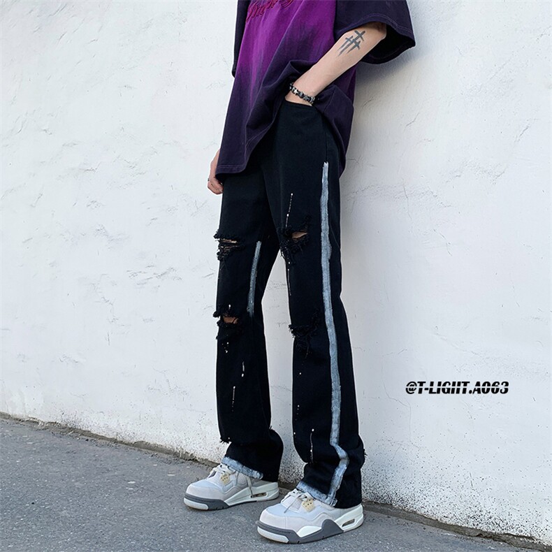 美式高街夏季破洞涂鸦黑白牛仔裤货号K739P65,男装牛仔裤,电商A063