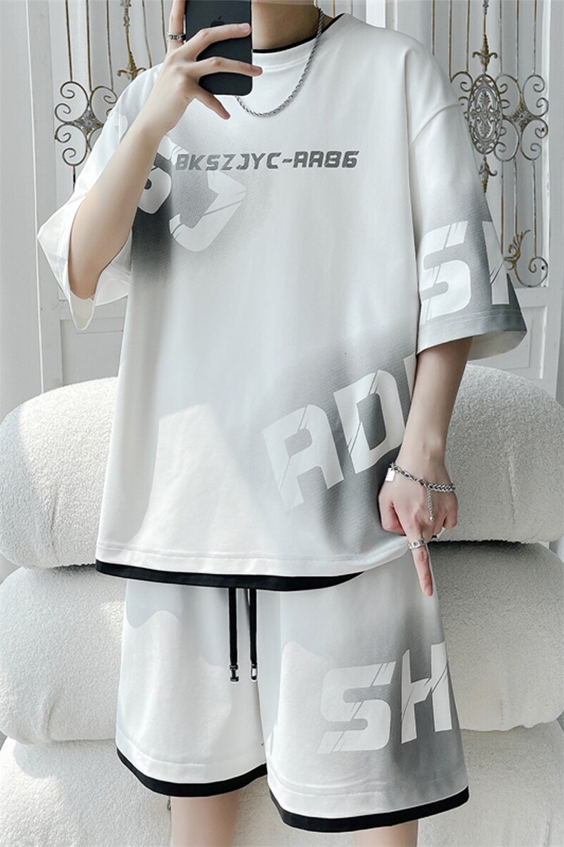 2025夏季新款旋律风车大码假两件冰丝套装M-5XHQ25443-P65,男装休闲套装,电商A022
