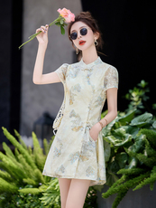 新中式刺绣改良旗袍裙套装女2025夏装时尚钉珠提花减龄短裤两件套，女装套装/套裙，曼琳思菲