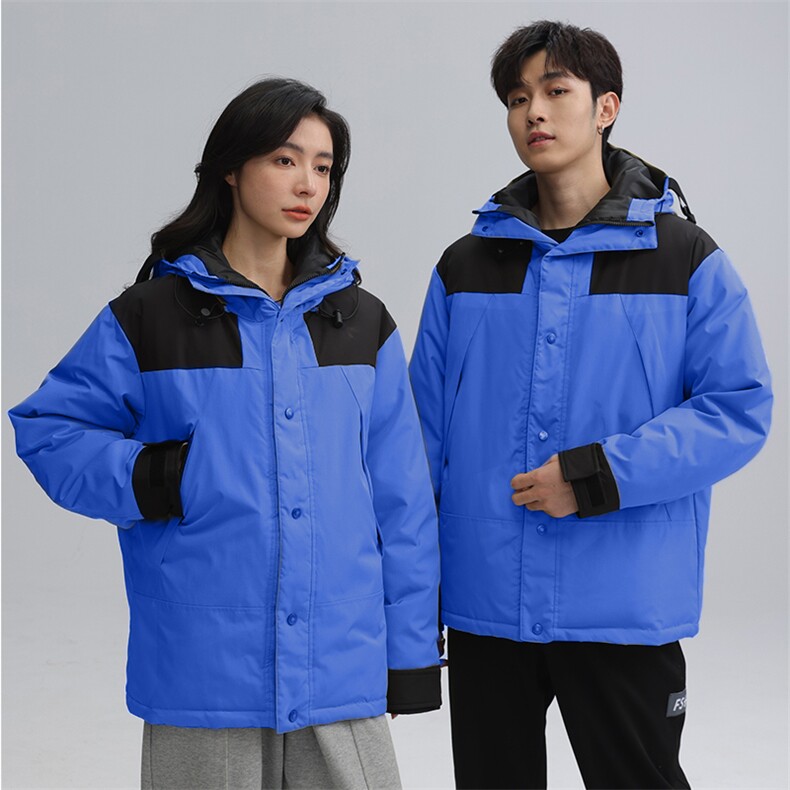 冬季连帽拼接潮牌户外白鸭绒羽绒服外套情侣男女款班服团体服图片