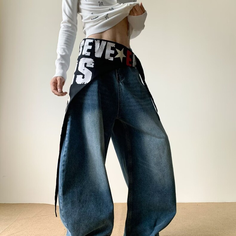 美式复古屁帘绑带叠穿弯刀牛仔裤女2025秋季新款设计感宽松阔腿裤，女装牛仔裤，星座218-8