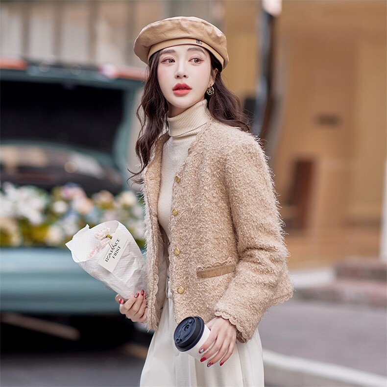 粉色甜美小香风羽绒服女短款2025冬季新款气质白鸭绒内胆毛呢外套,女装短外套,贝蕾酷儿