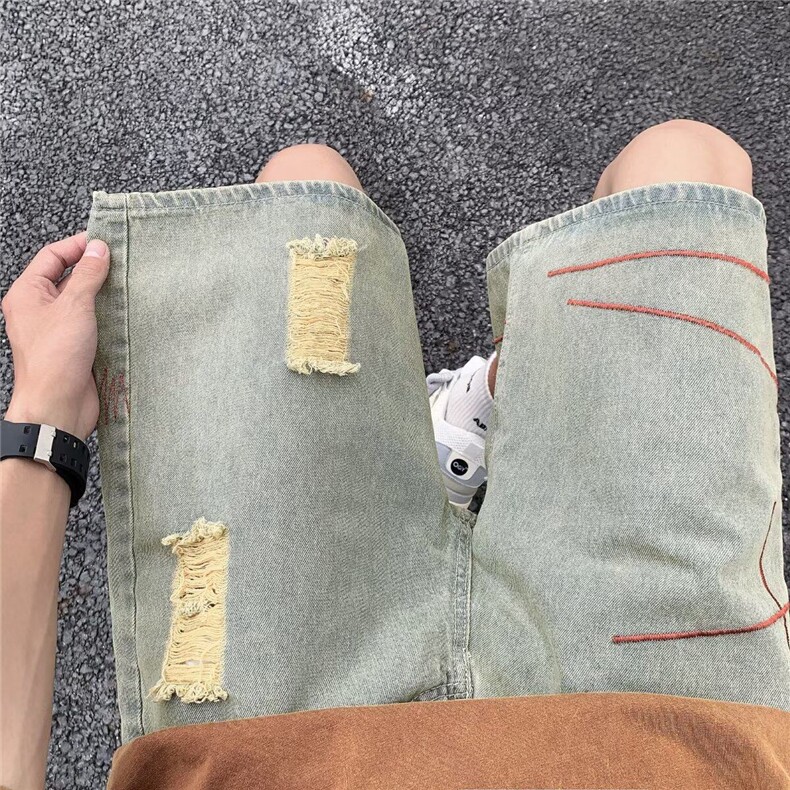 泥黄色破洞牛仔短裤男夏美式痞帅五分ins潮牌休闲裤子RK2753-P33,男装牛仔裤,星座412-2