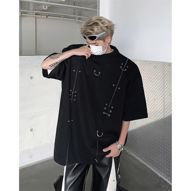 现货！25夏季男士金属垫肩设计感气眼铆钉T恤短袖DX81-P78,男装T恤,电商B288