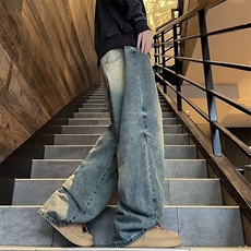 水洗做旧牛仔裤男春秋美式阔腿直筒拖地长裤炸街痞帅裤子-N7090，男装牛仔裤，星座601-2