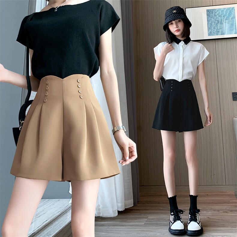 西装短裤女夏季薄款显瘦小个子休闲宽松褶皱五分阔腿A字裤子，女装短裤/热裤，梦白服饰厂