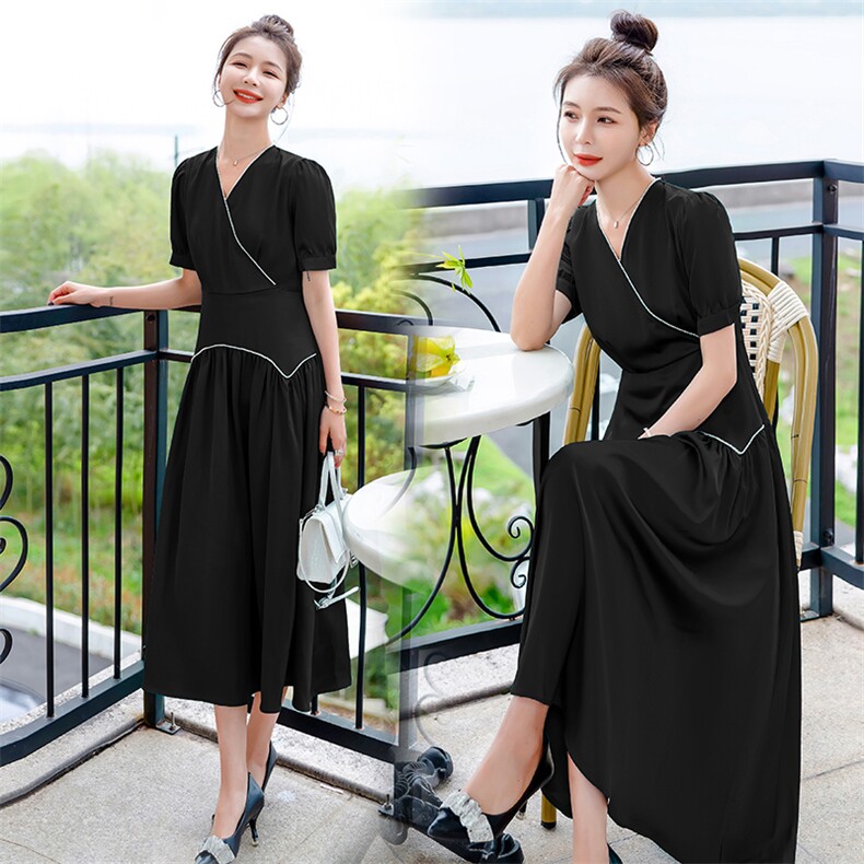 2023年夏季韩版通勤V领中长款连衣裙中长款通勤V领96%及以上高腰，女装连衣裙，火爆靓佳人