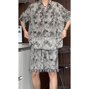 短袖衬衫男+短裤男套装男100%聚酯纤维M-5XL大码TZ78717P50控98图片