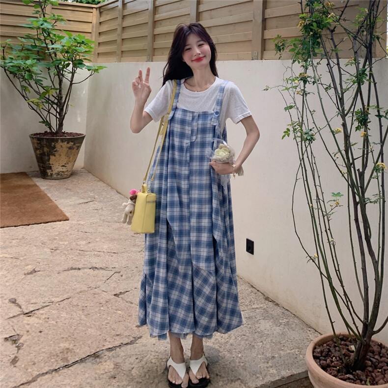 俏皮减龄格纹背带连衣裙套装女夏2025新款独特漂亮两件套爆款超火,女装套装/套裙,2C272