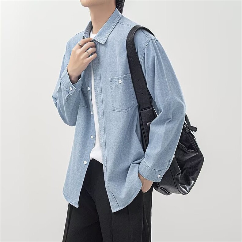 牛仔衬衫男日系宽松工装口袋薄衬衣外套原宿潮流流行图片