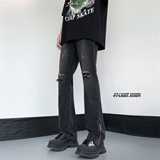 B221美式ins高街暗黑小众微喇叭破洞牛仔裤LK23076-P65控88，男装牛仔裤，电商B221