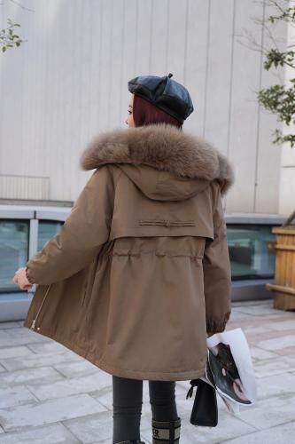 2021早冬上新大狐狸毛领盘扣设计中长款派克服，女装，红雀纺