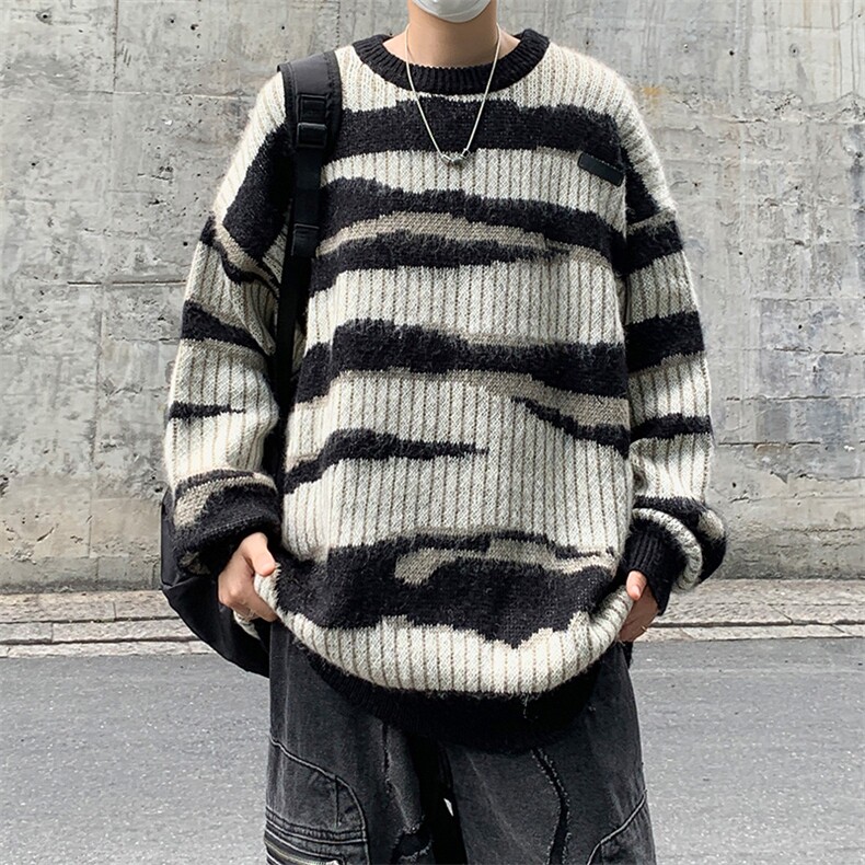 濮院针织衫水貂绒条纹毛衣季慵懒风欧货套头外穿高级感MF14P50，男装针织衫/毛衣，电商D256-1(原A064-1)