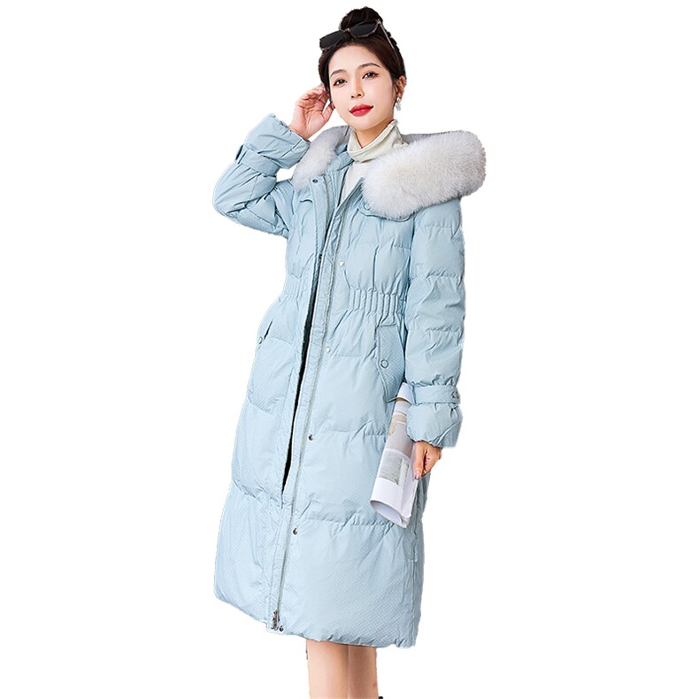 羽绒服新款2022年女装腰间抽绳修身可脱卸真狐狸毛领长款90白鸭绒,女装羽绒服,卡杰菲