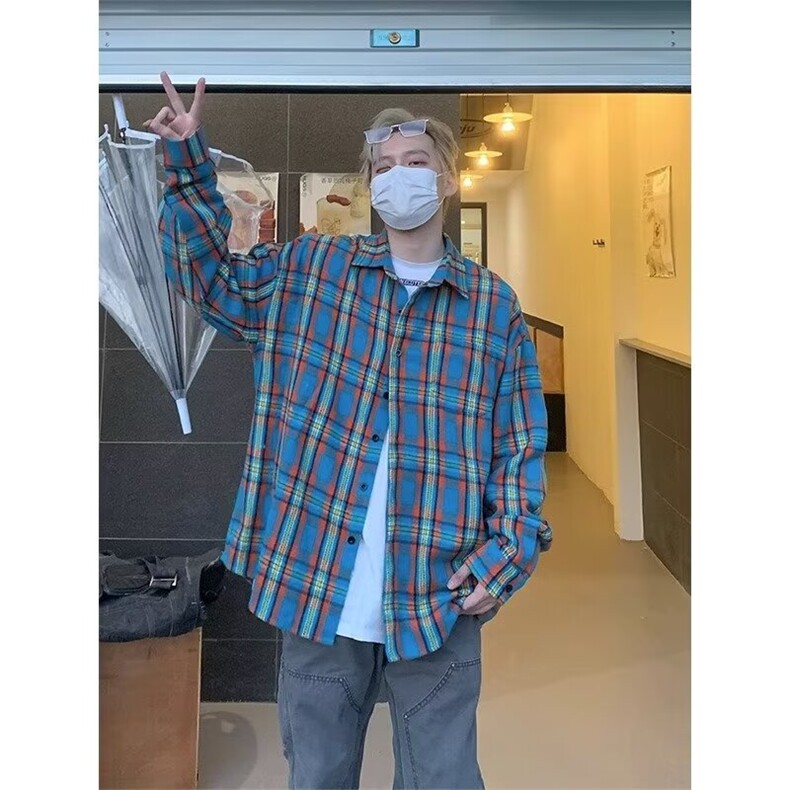 C264-P37 美式慵懒风衬衫男女春夏季复古格子长袖宽松外套图片