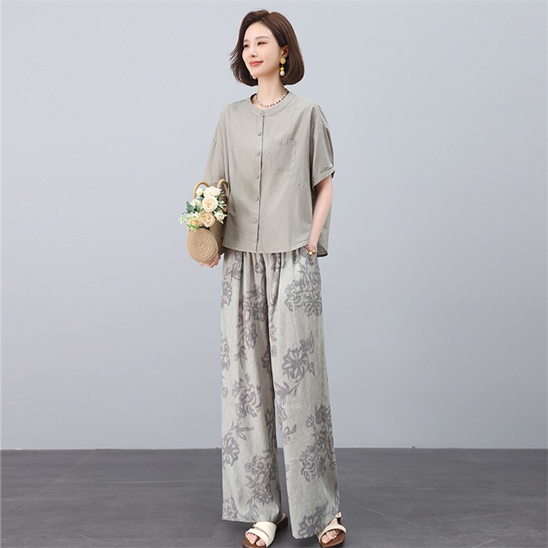 叶笙衣套装2537-151宽松纯色棉上衣复古印花裤套装,女装套装/套裙,叶笙衣