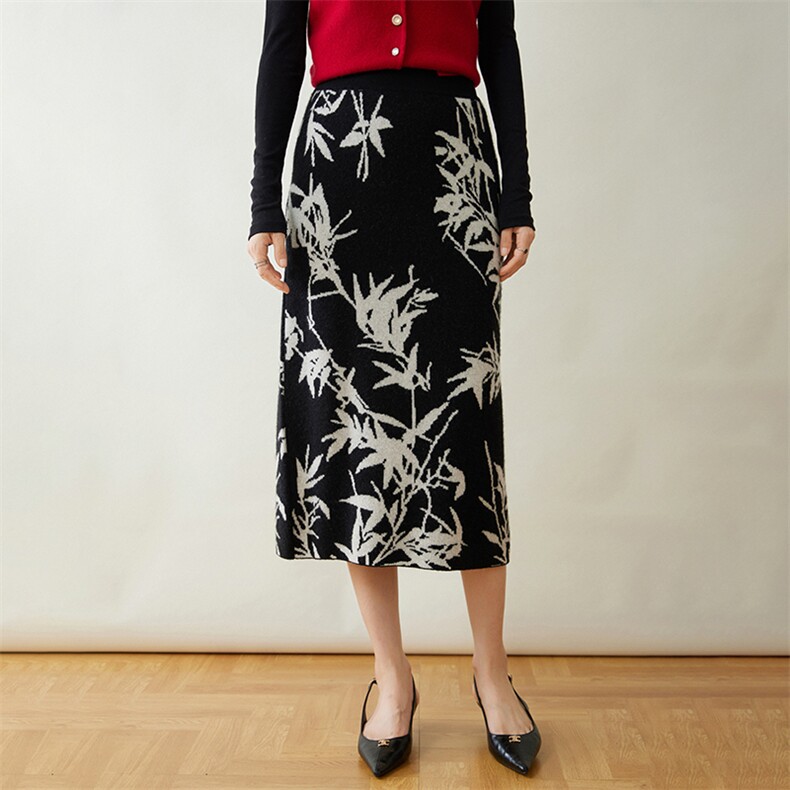 优雅竹节提花半身裙时尚显瘦百搭气质长裙,女装半身裙,迎冬羊绒