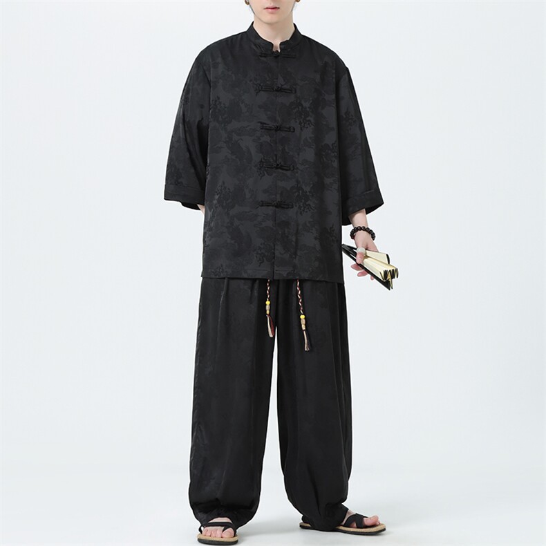 新中式时尚套装男七分袖衬衫2025夏季新款风休闲裤TZ100-P110,男装休闲套装,电商A008
