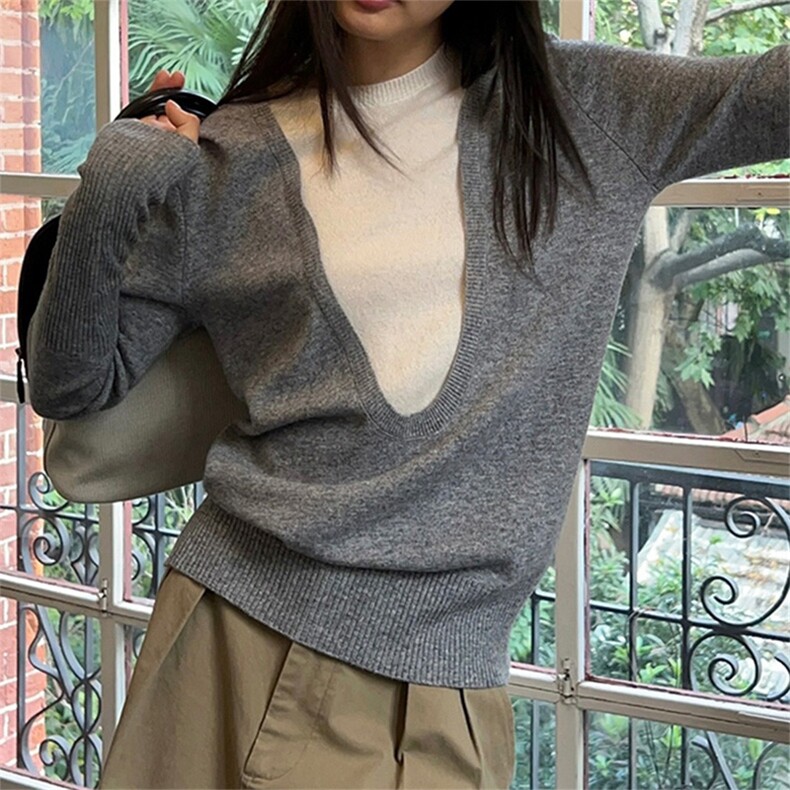 深U领假两件上衣100羊毛衫针织打底衫百搭毛衣套头衫2024秋,女装羊毛衫,泰沅羊绒