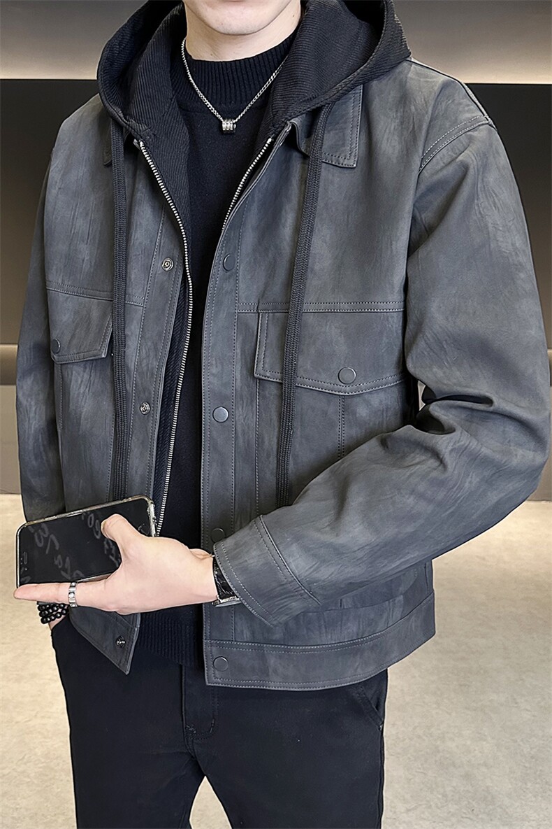 连帽假两件可拆卸男装皮衣高级感皮夹克外套男C317-6661-P160,男装夹克,电商C317