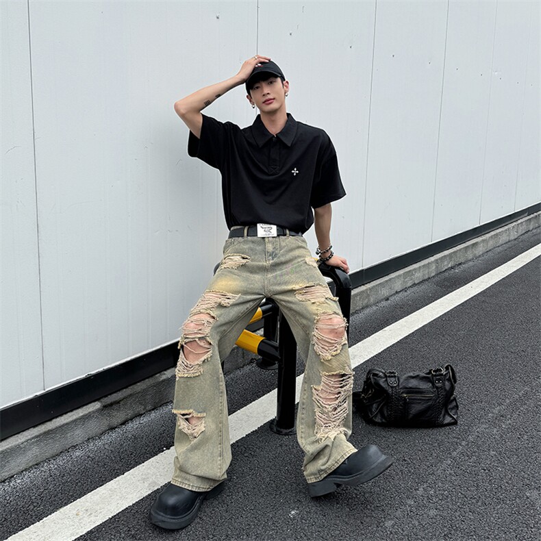废土风破洞牛仔裤男士款夏季美式复古高街直筒宽松做旧阔腿长裤子,男装牛仔裤,星座410-7