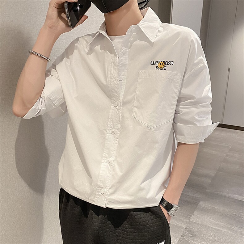 社会风秋纯色宽松笑脸印花衬衫潮男B297-7705-P68控98,男装衬衫,电商B297
