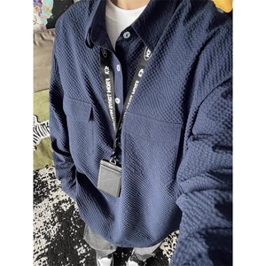 胖胖哥日系长袖衬衫男秋新款大码潮牌休闲衬衣男生宽松内搭上衣,瘦腿搭配什么上衣图片