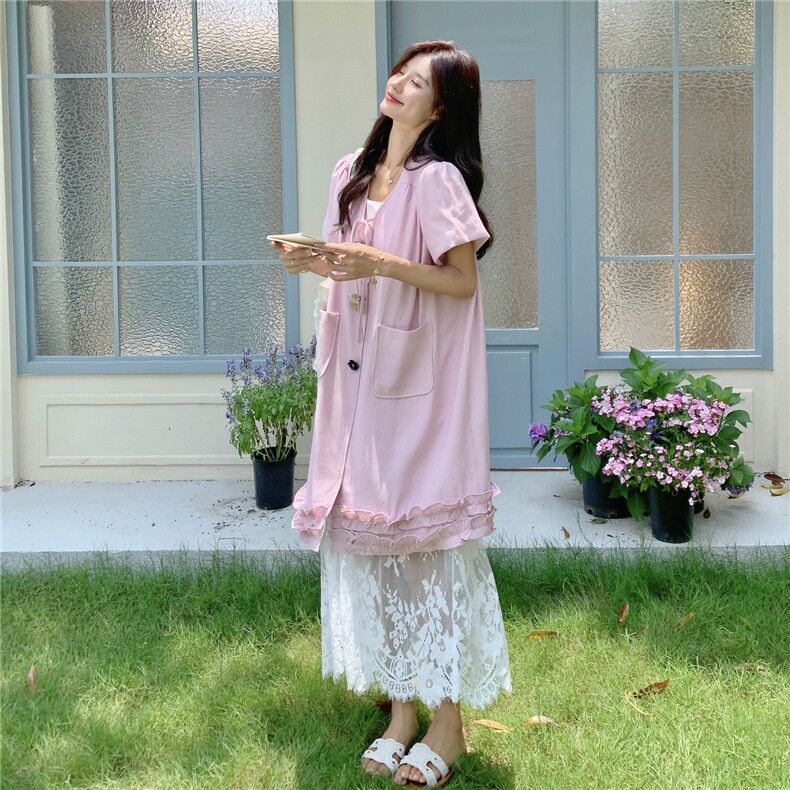 法式系带衬衫叠穿蕾丝吊带裙套装女2025夏季新款甜美超好看两件套,女装套装/套裙,2C113