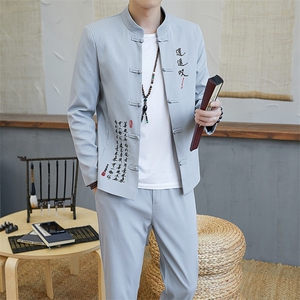 2021春秋季外套男休闲中国风立领刺绣长袖套装修身中山装YK808-P100
