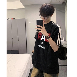 抖音得物高品质二开240克宽松纯棉美式潮牌三条杠织带短袖T恤图片