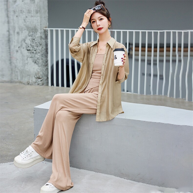 2024夏季新款欧货休闲时尚防晒天丝衬衫拖地裤三件套装女,女装套装/套裙,悠米