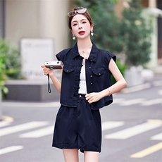 小个子牛仔套装女2025夏季新款高级感时尚气质减龄显瘦短裤两件套，女装套装/套裙，慕依路