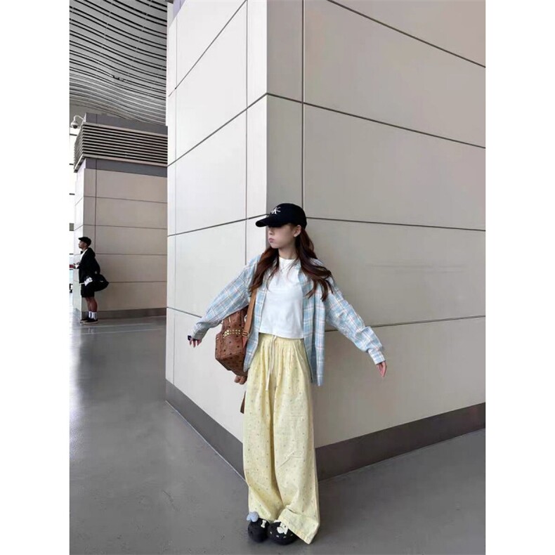 TC599-P45撞色格子衬衫女夏季新款设计感小众宽松休闲长袖上衣潮图片