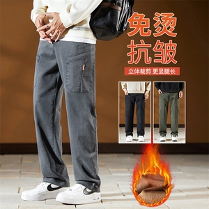 外贸Y6106 加绒直筒牛仔裤男款美式潮牌秋冬季拼接工装阔腿长裤图片
