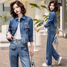 现货韩版时尚牛仔套装女春2024新款洋气显瘦显高牛仔两件套装潮，女装套装/套裙，江南女神