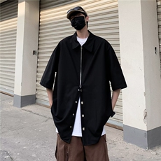 美式双拉链衬衫设计感高级男女情侣装短袖潮日系翻领半袖~S8003，男装衬衫，星座601-2