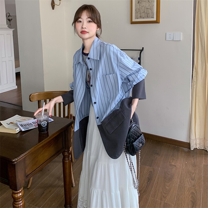 蓝色条纹西装拼接衬衫外套2025新款女春秋小众设计感韩系气质上衣，女装短外套，浙宝069