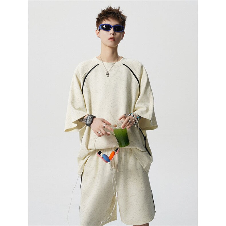 冰丝速干运动套装男夏季潮牌扎染宽松大码短裤半拉链装饰短袖套装，男装休闲套装，电商A059