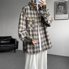 美式复古拼接撞色设计感秋季格子长袖衬衣男宽松衬衣CS538P65，男装衬衫，电商D206-1