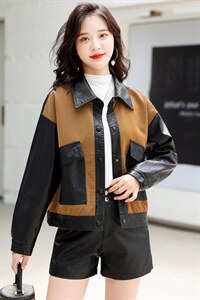 主推现货休闲短款外套女宽松小个子2022年新款时尚女士拼接皮衣图片
