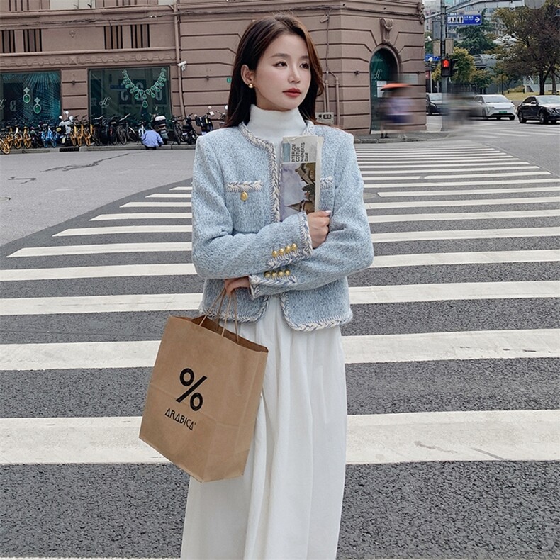 韩系蓝色粗花呢小香风外套女秋2024新款小个子高级感气质短款上衣,女装短外套,浙宝305