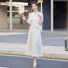 2024夏季新款竹子叶提花缎松紧腰真口袋新中式套装两件套裙女士潮，女装套装/套裙，新依时派