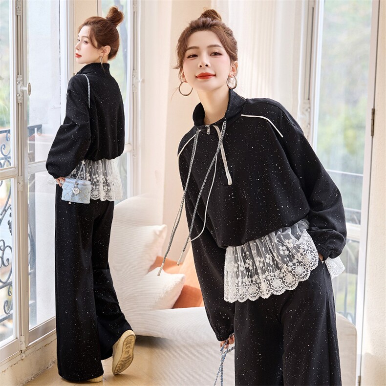 卫衣套装女2025开春韩系新款独特超火减龄休闲运动蕾丝穿搭一整套,女装套装/套裙,依如秀(原杭风阁)