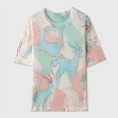 韩版短袖t恤女夏季2025新款圆领印花羊毛衫半袖薄款短款针织上衣，女装T恤，朝贺羊绒