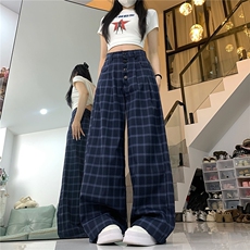 夏季复古蓝色格子休闲裤男女美式垂感长裤阔腿宽松直筒裤子，男装休闲裤，星座1210-1