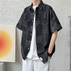 夏季棋盘格大码宽松牛仔衬衫复古短袖衬衣外套CS011-P50，男装衬衫，电商A042